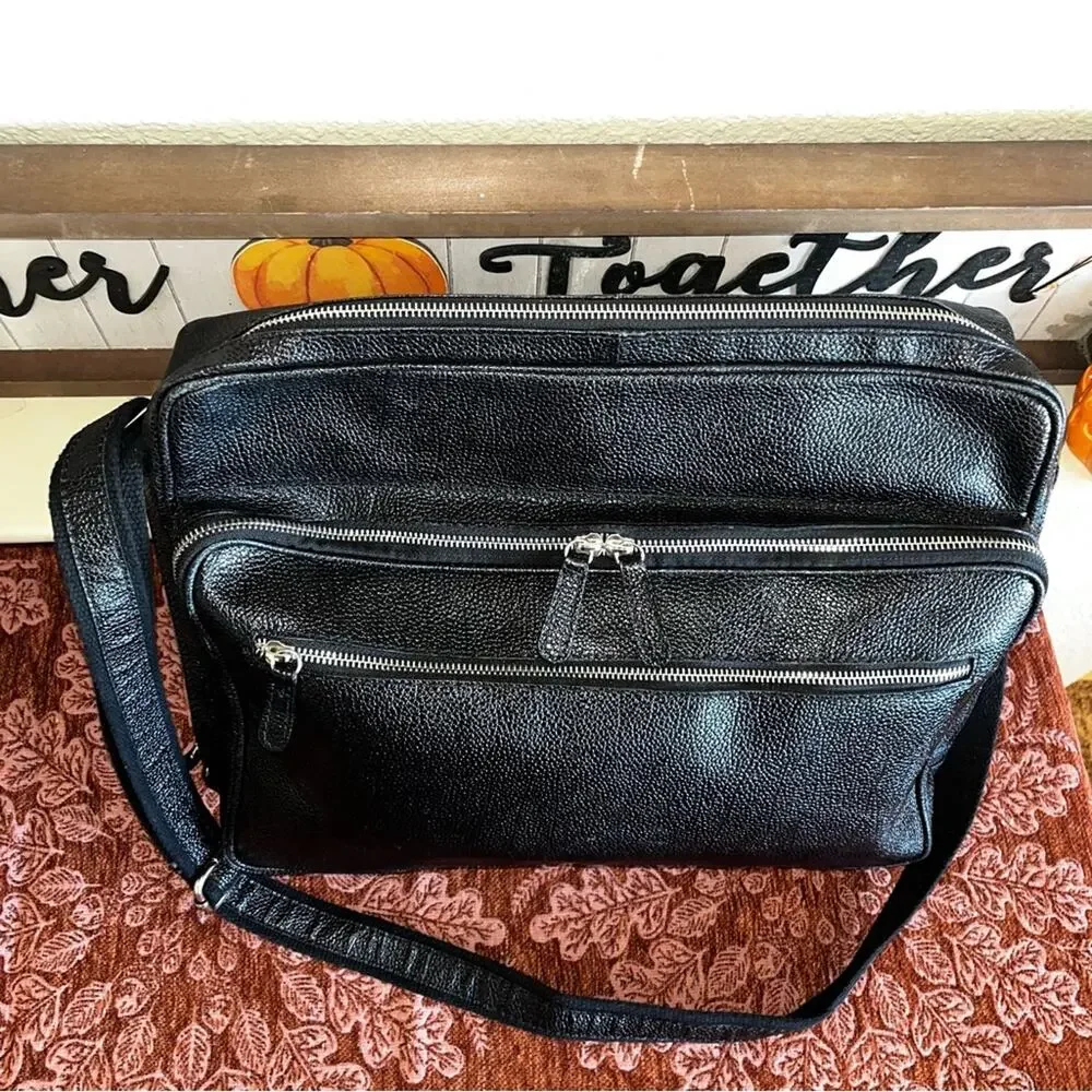 Lucaldo Men’s Laptop/Briefcase Messenger Bag Black Leather Multi Pockets Italian